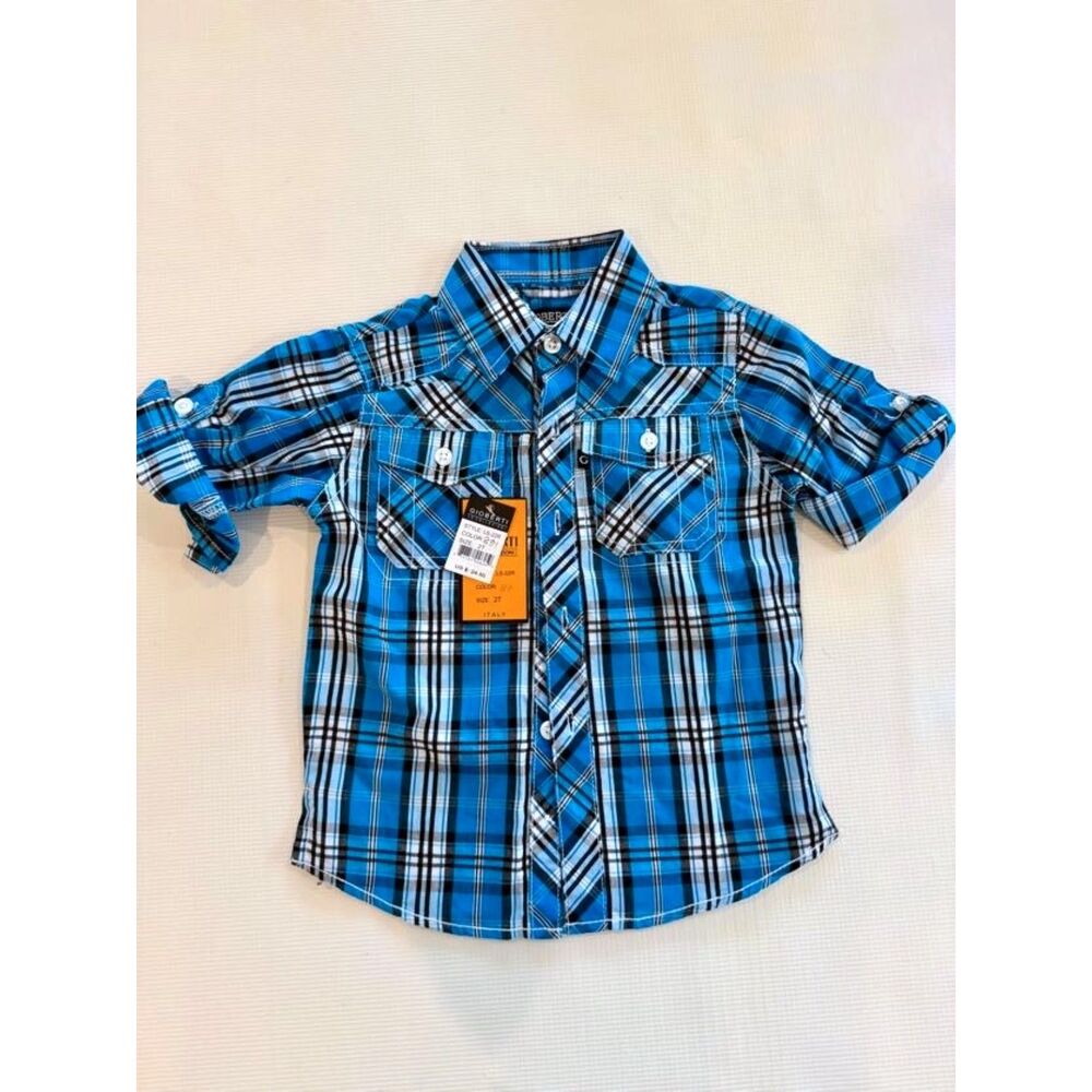 Gioberti Italy Boys 2T Plaid Button Down Shirt Blue Roll Sleeve NWT
